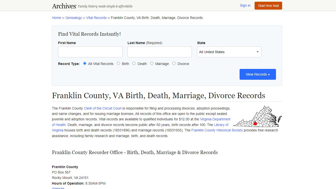 Franklin County, VA Birth, Death, Marriage, Divorce Records - Archives.com