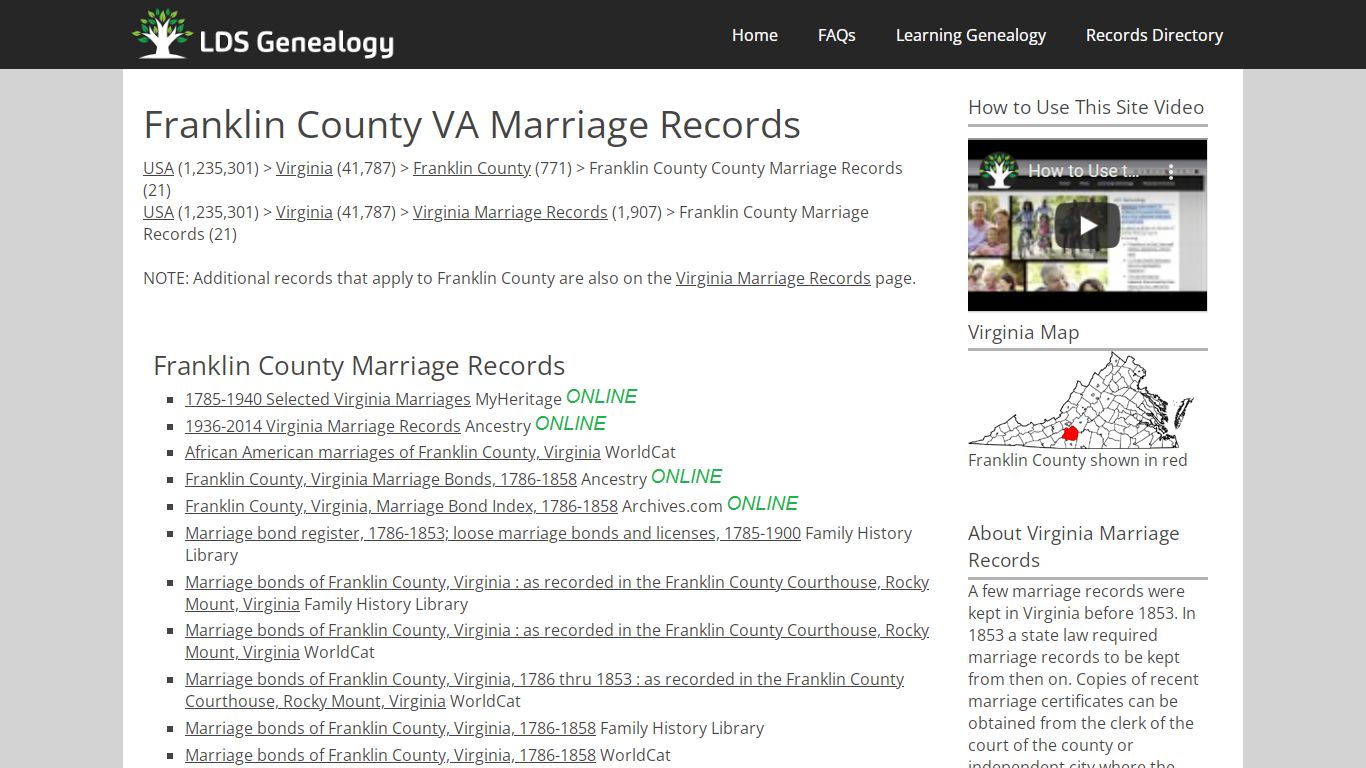 Franklin County VA Marriage Records - ldsgenealogy.com