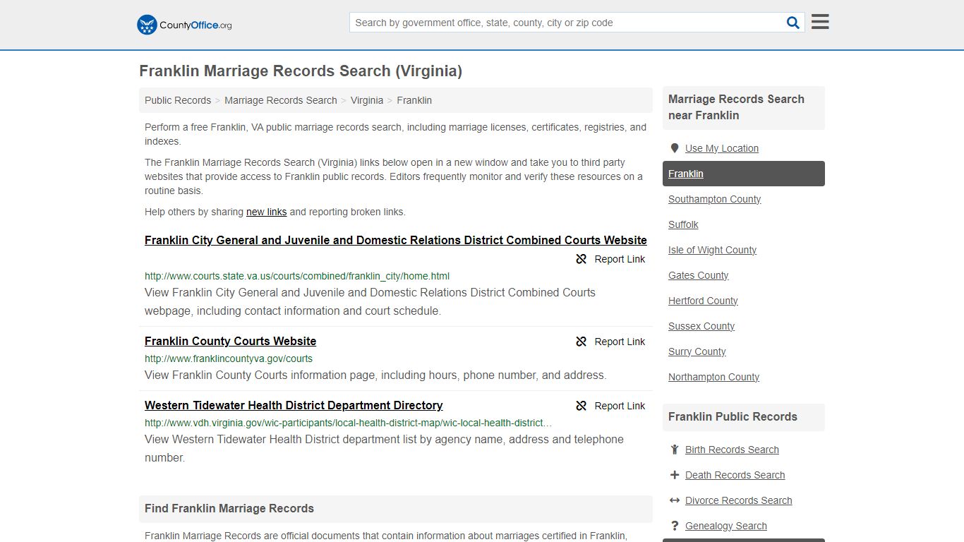 Franklin Marriage Records Search (Virginia) - County Office