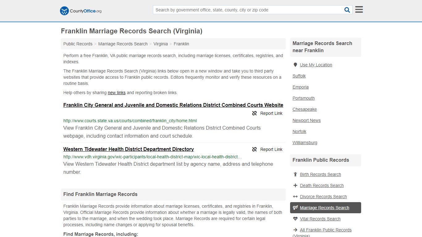 Marriage Records Search - Franklin, VA (Marriage Licenses & Certificates)