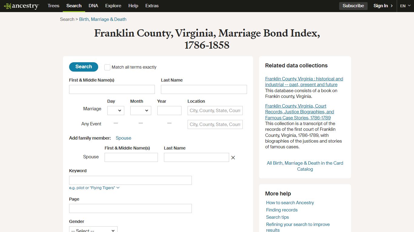 Franklin County, Virginia, Marriage Bond Index, 1786-1858